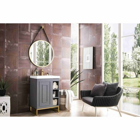 James Martin Vanities Alicante 24in Single Vanity, Gray Smoke, Radiant Gold w/ White Glossy Composite Stone Top E110V24GSMRGDWG